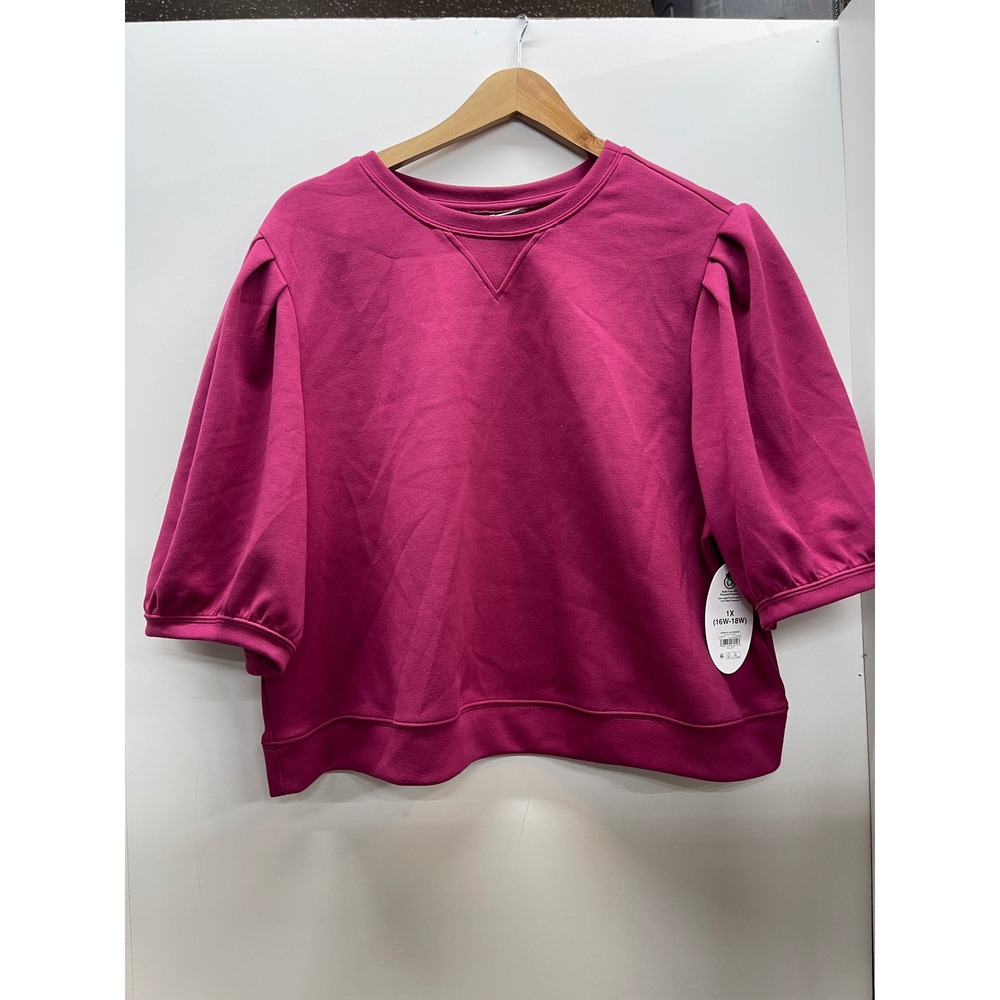 Scoop Women Magenta Pink Puff Sleeve Sweatshirt Crew Neck Top 1X Plus Size NEW